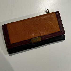 Fossil Black & Brown Leather Wallet with Gold Accent